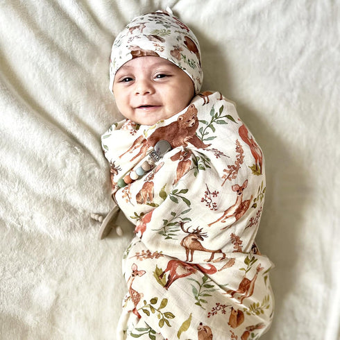 LifeTree Muslin Swaddle Blankets, Muslin Baby Boy Swaddle Blanket and Hat Set with Birth Announcement Card, Newborn Unisex Neutral Receiving Blank...