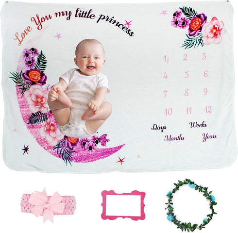 Baby Milestone Blanket Girl- Floral and Moon Design, Baby Girl Gifts, Nursery Decor Baby Shower, Newborn Baby Blanket, Baby Growth Chart Blanket, ...