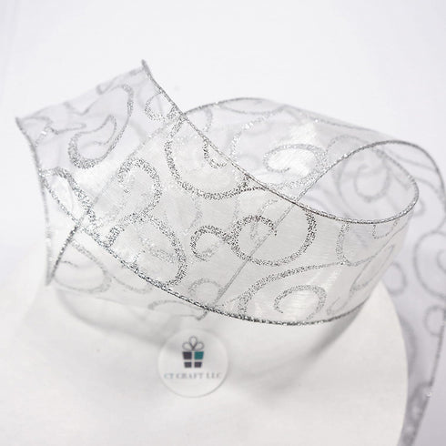 CT CRAFT LLC Organza with Silver Glitter Swirls Wired Ribbon 2.5 inch x 50 Yards for Christmas Home Decor Tree Topper Bow Gift Wrapping DIY Crafts...