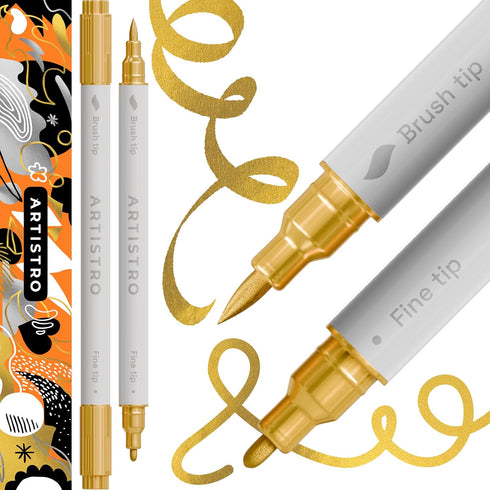 ARTISTRO 2 Gold Acrylic Paint Pens, Acrylic Paint Markers Dual Tip (Brush + Fine 1 mm), Acrylic Markers for Fabric, Canvas, Rock, Glass, Wood, Pap...