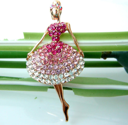 Navachi 19k Gold Plated Multicolor Crystal Dance Girl Brooch Pin...