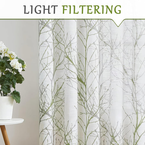 FMFUNCTEX Valance Curtain for Kitchen Bathroom Bedroom Green and Grey Branch Print on Linen Window Valances for Living Room Rod Pocket Window Trea...