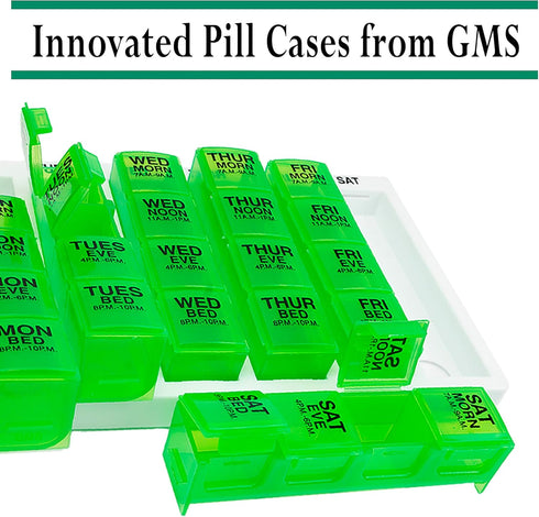 GMS 4 Times a Day Weekly Pill Reminder for Medications, Vitamins, Supplements and Other Pills - Includes 7 Removable Pill Boxes in a Flat White Tr...