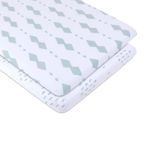 Bassinet Sheets Fitted Cover - Flexible Fit 100% Soft Jersey Knit Cotton - Neutral Grey Sage Diamond - 2 Pack Set...