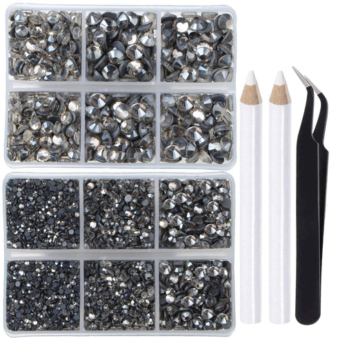 LPBeads 6400 Pieces Hotfix Rhinestones Transparent Black Flat Back 5 Mixed Sizes Crystal Round Glass Gems with Tweezers and Picking Rhinestones Pe...
