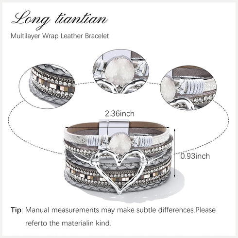 Long tiantian Heart Leather Wrap Bracelets for Women Handmade Stackable Boho Cuff Bangles Bracelet Trendy Birthday for Her...