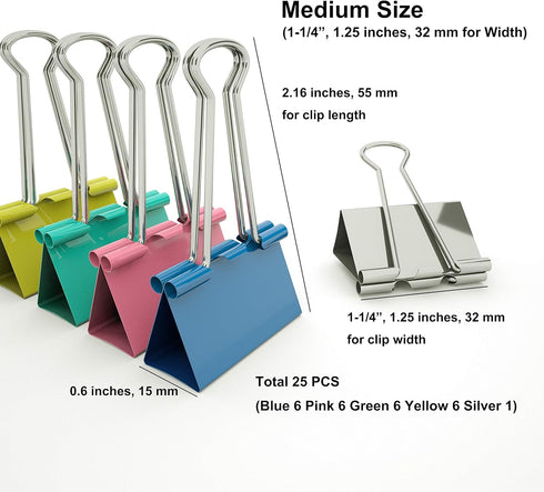 Color Binder Clips Medium Colored Metal Clamp 1.25 inch / 32 mm (Medium 25-PCS (1.25-in / 32-mm))...
