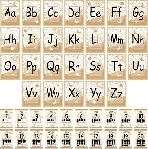 46 Pcs Boho Bulletin Board Decorations Letters Alphabet Boho Wood Grain Rainbow ABC Number 1-20 Cards Alphabet Line Cutouts Poster Classroom Wall ...