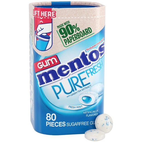 Mentos Pure Fresh Sugar-Free Chewing Gum with Xylitol, Fresh Mint, in a recyclable 90% Paperboard Bottle, 80 Piece (Pack of 1)...