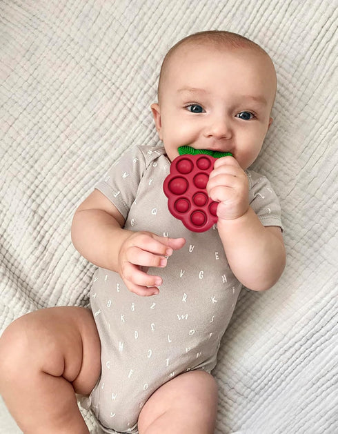 RaZbaby RaZberry Pop Teether for Babies 3 Months & Up - Natural Raspberry Shaped Designed with Soft BPA Free Silicone Poppers - Textured for Senso...