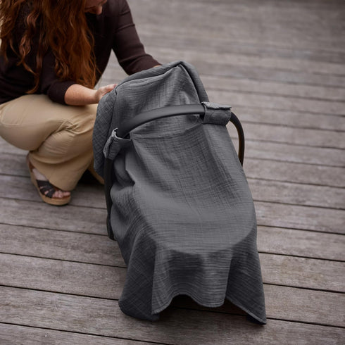 Denmark - Muslin Baby Car Seat Cover for Boys and Girls – 100% Organic Cotton Car Seat Canopy with Perfect Fit for Baby Carrier - 43 x 31 (Soft Gr...