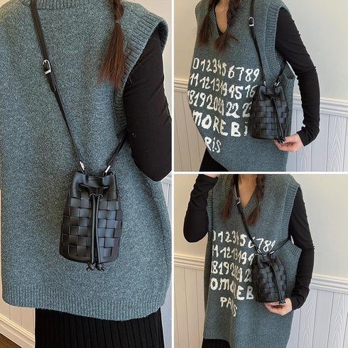Bucket Purses for Women, Mini Leather Woven Bucket Bag Drawstring Purse Hobo Crossbody Bucket Handbags...