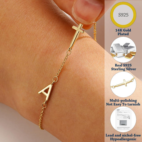 14K Gold Filled Initial Cross Bracelet,Sterling Silver Cross Bracelet Minimalist Tiny A-Z Letter Gold Chain Bracelet for Women Dainty Cross Jewelr...