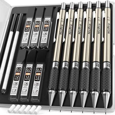 Nicpro 0.7 mm Art Mechanical Pencils Set, 6 PCS Metal Drafting Pencil 0.7mm Tube HB Lead Refills & 18 Cap Eraser for Adults, Children, Artist Writ...