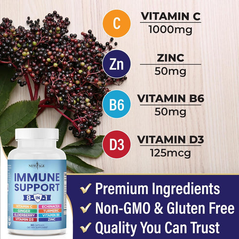 8 in 1 Immune Support Booster Supplement with Echinacea, Vitamin C and Zinc 50mg, Vitamin D 5000 IU, Turmeric Curcumin & Ginger, B6, Elderberry 60...