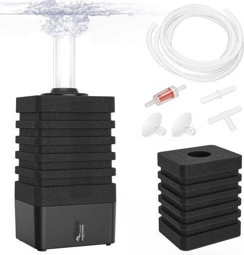 Aquarium Bio Sponge Filter Kit, Super-Quiet Submersible Fish Tank Foam Filter with 1 Spare Sponge and Full Accessories, Suits Tanks Within 110 Gal...