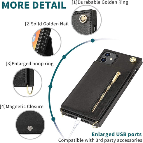 HOGGU Compatible for iPhone 11 case,Crossbody Wallet Case Leather with Card Holder,Kickstand,Magnetic Closure Flip Folio Zipper Purse,Adjustable R...