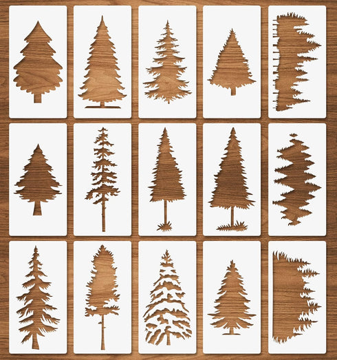 15 Pcs Trees Stencils, Pine Fir Cypress Cedar 3"x6", Christmas Trees Forest Stencils for Painting, Reusable Tree Templates for Window Wood Wall Ca...