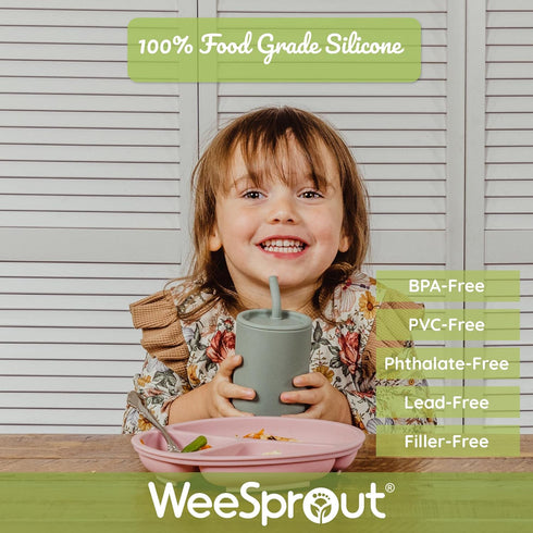 WeeSprout Silicone Baby Cups With Straws and Lids, 4 & 8 oz Options, Set of 2, Food Grade Toddler Training Container, Built In Straw Stoppers, Mea...