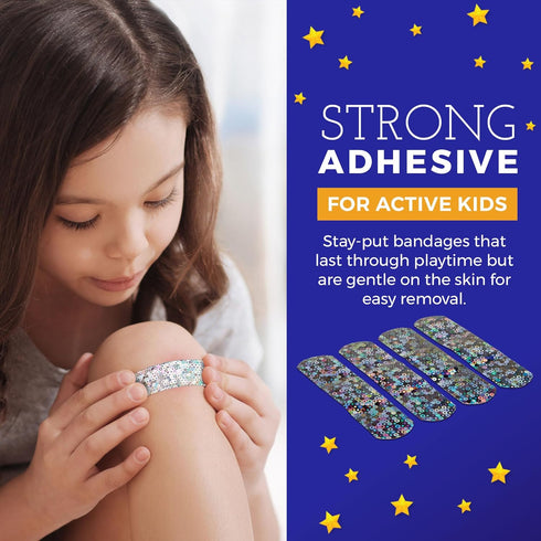 Glitter Bandages for Kids -(100 Count Box) Adhesive Bandage Strips w/Colorful Glitter Design & Latex-Free Individually Wrapped Strips for First Ai...