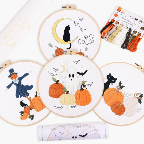 REEWISLY Halloween 4pcs Embroidery Kits with Patterns and Instructions, DIY Adult Beginner Embroidery Kits, Including 4 Plastic Embroidery Rings, ...