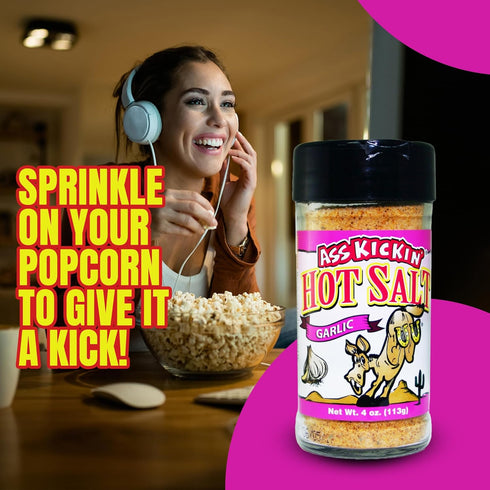 ASS KICKIN' Hot & Spicy Garlic Salt – 4oz. Shaker Jar - Perfect Flavored Salt for Popcorn Seasoning, Margarita Salt and French Fry Seasoning - Pre...