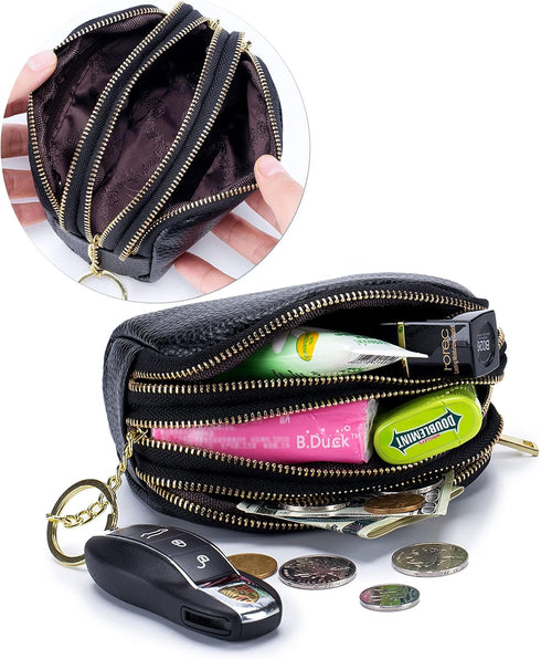 3 Zippered Genuine Leather Coin Purse Triple Capacity Change Pouch Little Travel Wallet With Key Ring for Women...