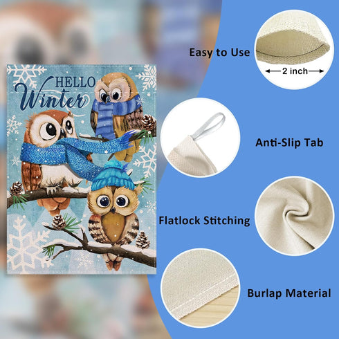 Home Decorative Hello Winter Owls Family Garden Flag, Animals Yard Outside Decorations, Snow Farmhouse Outdoor Small Decor Double Sided 12x18...