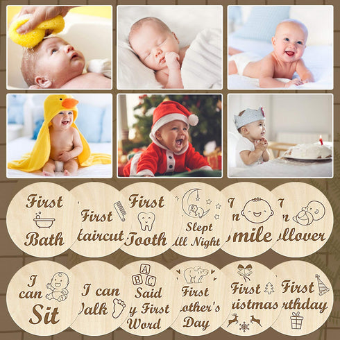 Baby Milestone Cards Wooden Monthly Cards and Infant First, Double Sided Engraved Photo Prop Discs,Gift Set for Baby Shower and Newborn,Come with ...