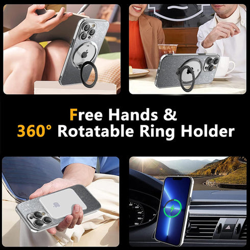 for iPhone 11 Case Glitter with Rotatable Ring Stand Compatible with MagSafe, Plating Bling Clear Case with Camera Lens Protector Slim Phone Case ...