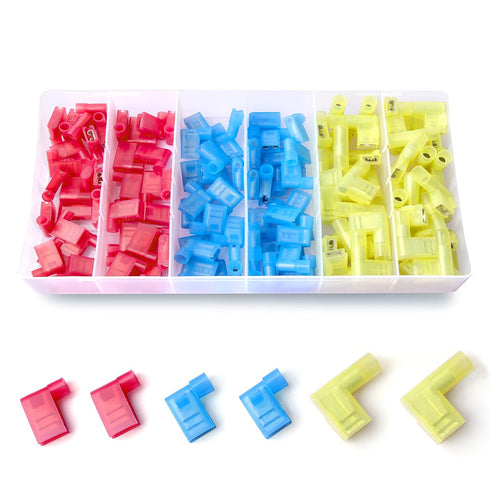 120PCS Nylon Insulated Flag Spade Quick Disconnects Wire Connectors, 90 Degree Electrical Female Crimp Terminals Assortment Kit AWG22-10...