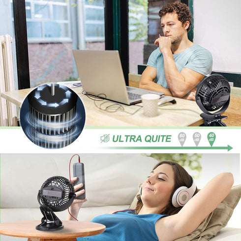 Battery Operated Clip on Fan, Portable Rechargeable USB Personal Fan 3 In 1 with hook and LED for camping, stroller, car seat, office...