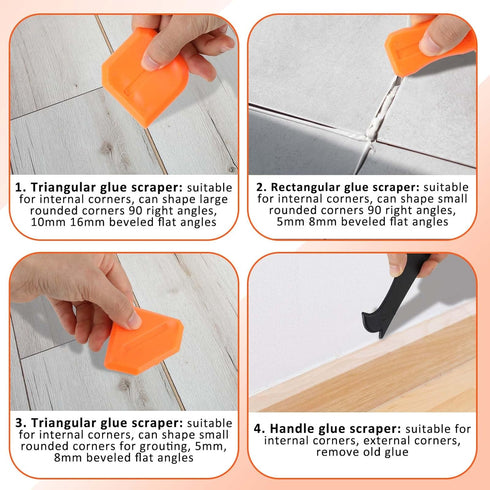 Caulk Tool Set 4 Pcs Sealant Silicone Finishing Kits 3 in 1 Scraper Multifunction Hand Tools Orange Grout Caulk Remover Applicator for Kitchen Bat...
