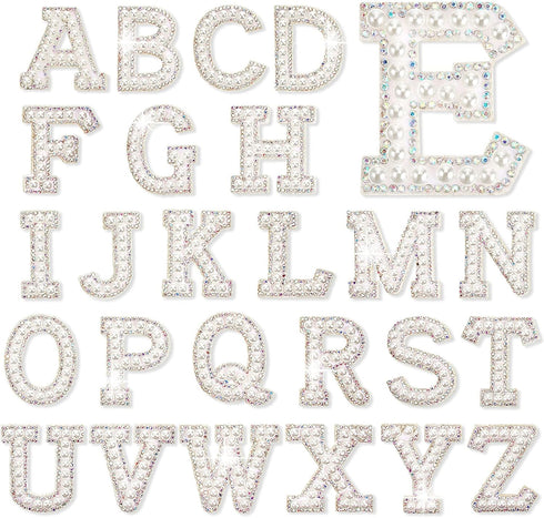 Chuangdi 26 Pcs Pearl Rhinestone Letter Patches Iron on a to Z White Rhinestone Pearl Bling Patch Glitter Sew on Alphabet Applique Bling English L...