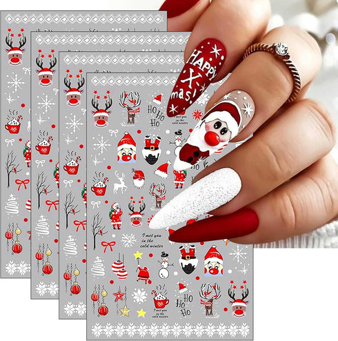 JMEOWIO 4 Sheets Christmas Glitter Nail Art Stickers Decals Self-Adhesive Pegatinas Uñas Snowflake Xmas Winter Holiday Red Cute Santa Elk Nail Sup...
