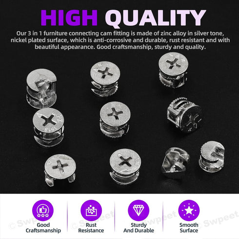 Swpeet 100Pcs 4 Sizes 3 in 1 Furniture Connecting Cam Lock Fittings Assortment Kit, Fastener Cabinet Connectors Hardware Bolts Furniture Connectin...