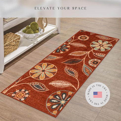 Maples Rugs Reggie Floral Runner Rug - Made in USA - Washable, Non Slip Indoor Carpet for Kitchen, Hallway, and Laundry Room, 1'8 x 5, Merlot...