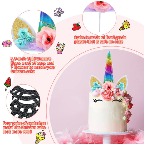 Unicorn Cake Topper Handmade Rainbow Horn Unicorn Cake Topper Happy Birthday Party Decoration Supplies Magic Reusable Cake Toppers with Eyelashes ...