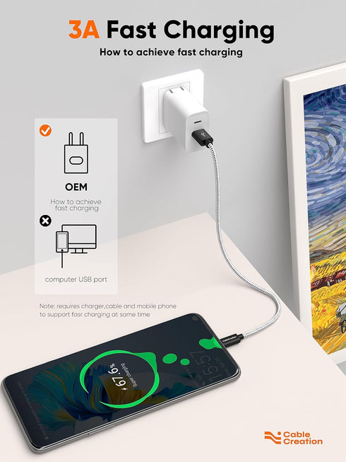 CableCreation 2FT USB to USB C Cable, USB A to USB C Cable 3A Fast Charging Cable, Braided USB C Male to USB Male Cable for Power Bank, Galaxy S23...