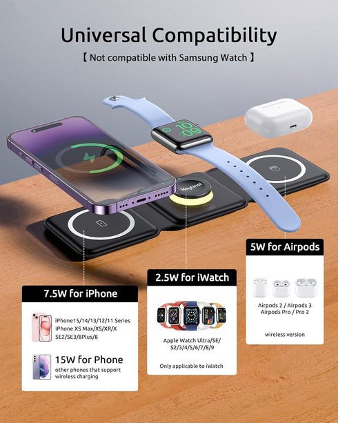3 in 1 Foldable Wireless Charger, Wireless Charging Station for iPhone 15/14/13/12/11 Pro Max/X/XS, Fast Magnetic Travel Wireless Charging Pad for...
