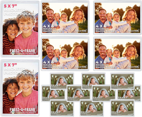 Clear Magnetic Picture Frames for Refrigerator School Locker, or Any Magnetic Surface 16 Pack Holds (2) 5 x 7 (4) 4 x 6 (10) 2.5 x 3.5 Exclusive P...