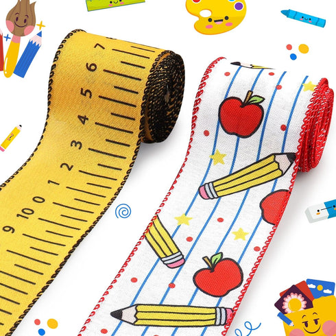2 Rolls 10 Yards Back to School Wired Edge Ribbon, 2.5inch Yellow Ruler Burlap Ribbon Apple Pencil Gift Wrapping Ribbon for First Day of School Pa...