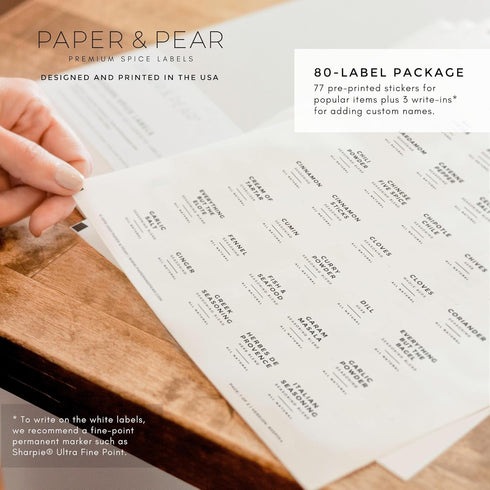 Modern Style White Spice Labels (no jars) by Paper & Pear - Oil Resistant Kitchen Pantry Labels - 1.25” Square Spice Labels Stickers - Durable Spi...