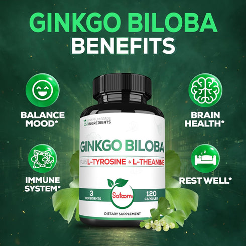 1000mg Ginkgo Biloba Supplements with L-Tyrosine, L-Theanine - 120 Capsules for 2-Month Supply - Support Focus, Mermory Function, Brain Health & V...