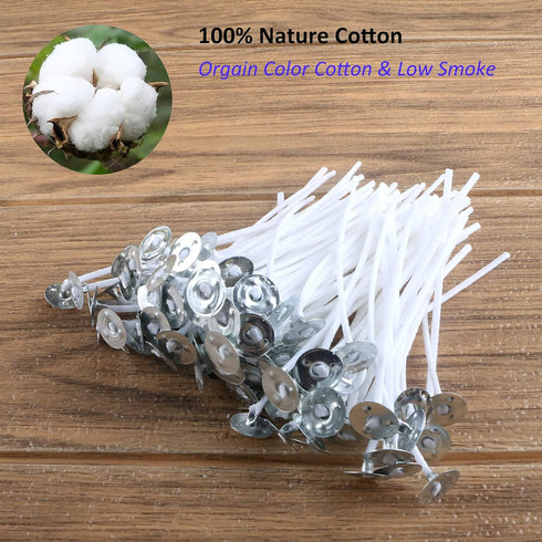 MILIVIXAY 3.5" Candle Wick Bundle: 100PCS Candle Wicks, 100PCS Candle Wick Stickers and 6PCS Wooden Candle Wick Holders - Wicks Coated with Paraff...