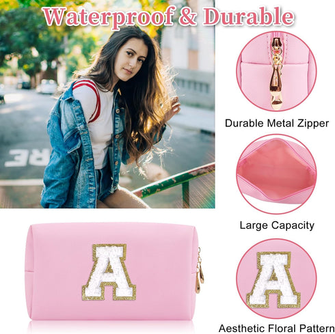Personalized Initial Letter Patch Makeup Bag, Preppy Portable Chenille Letter Cosmetic Bag with Zipper, PU Leather Waterproof Travel Toiletry Bag ...