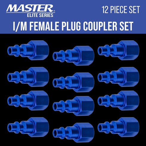 Master Elite Series 12 Piece Industrial I/M Type Plug Fittings Set with 1/4" NPT Female Threads - Attach to Quick-Connect Couplers, Air Hoses, Com...