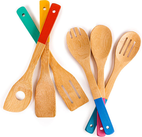 BergHOFF Bamboo 6Pc Utensil Set, Slotted & Plain Spatula, Slotted Spoon, Serving Spoon, Spaghetti Spoon, Salad Spoons 12" Multi-colors with Hangin...