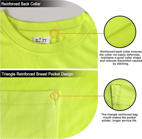 TCCFCCT Hi Vis Shirts for Men Class 3 High Visibility Shirt with Pocket, Short Sleeve Construction Work Shirts with Reflective Strips, Durable Ref...
