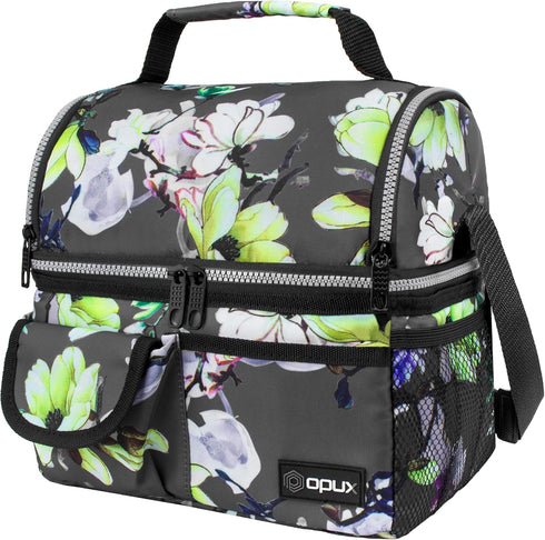 opux Lunch Bag Women Insulated, Adult Lunch Box Cooler, Flower Lunch Box, Dual Compartment Lunchbox for Work, Leakproof Double Decker Lunch Bag, S...